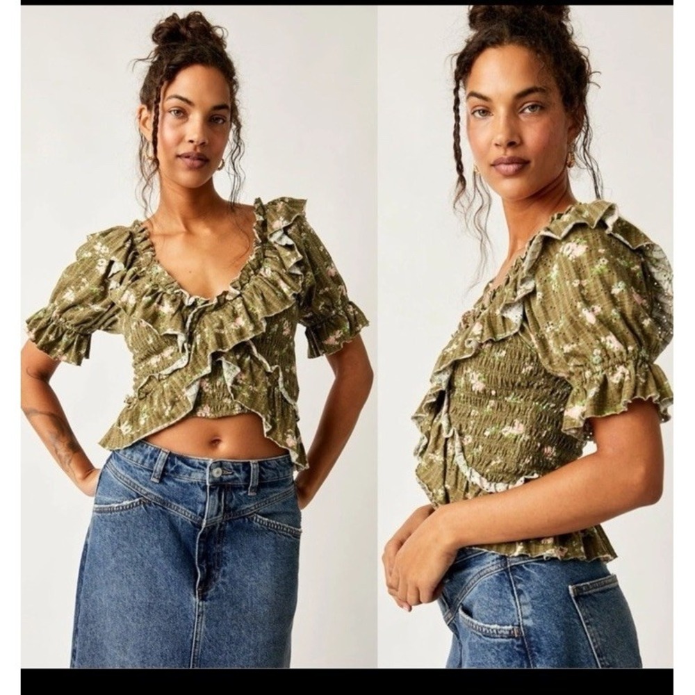 Free People Dainty Ruffle Floral Prairie Favorite Girl Top Army Combo Small